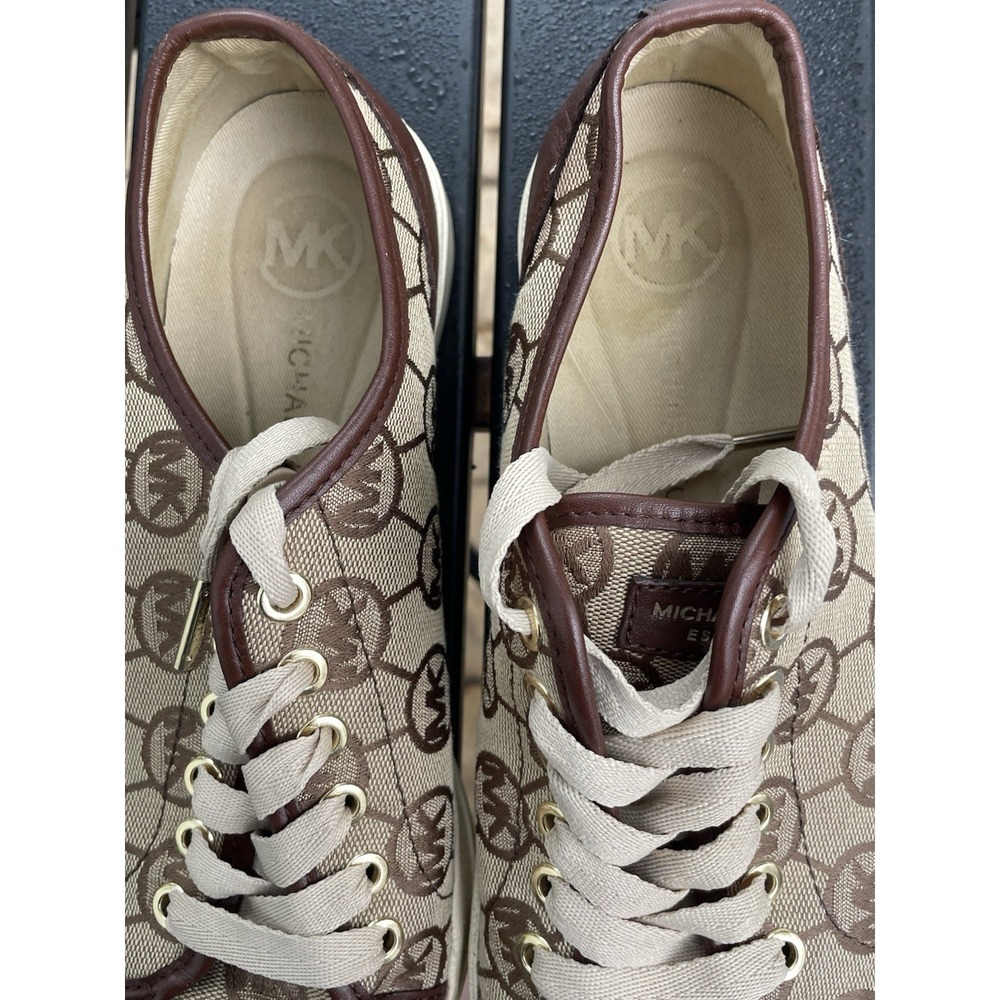 Michael Kors Womens MK Monogram Logo Low Top Sneakers Brown Tan Leather Trim - Picture 4 of 9